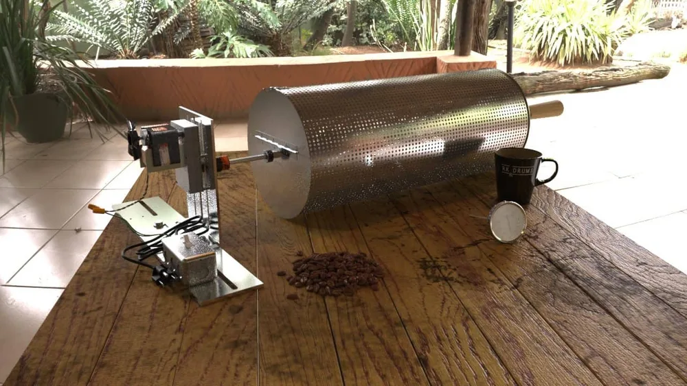An RK Drums solid stainless-steel coffee roaster drum