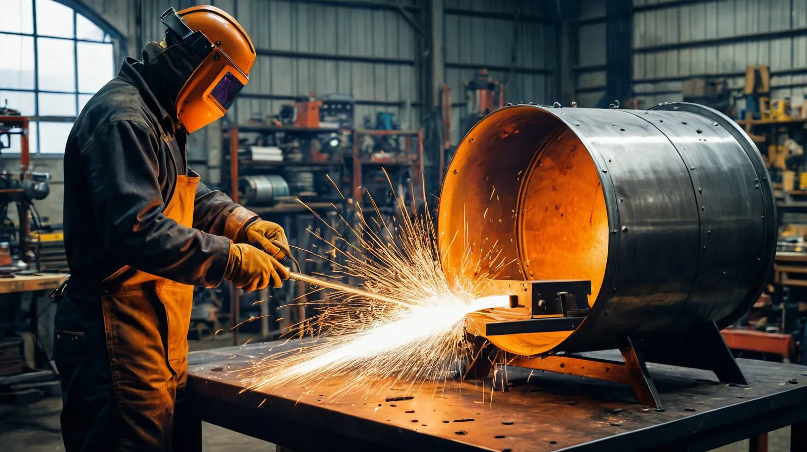 Welding a stainless steel roasting drum in the machine shop, sparks flying