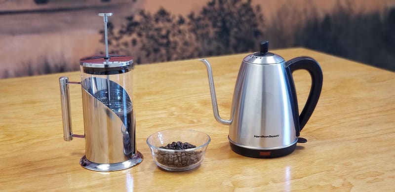 Setup your french press, coffee and brewing equipment