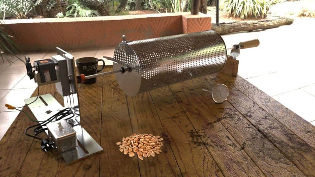 roasting drum with peanuts on a wooden table