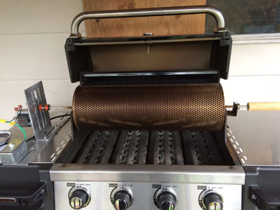 open grill with 8 lb RK Drums roaster
