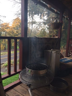 coffee beans cooling setup on porch